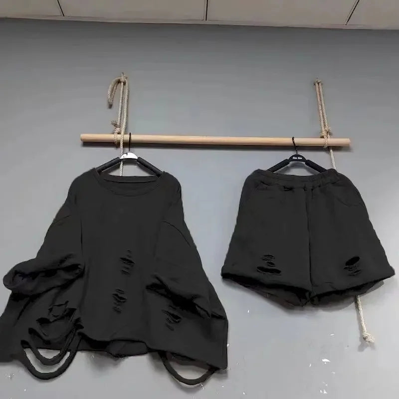 Spring/Summer Pullovers Sets Women Beggar Hole Loose Oversized Short Sleeve Top and Wide Leg Shorts Fashion Casual Two Piece Set