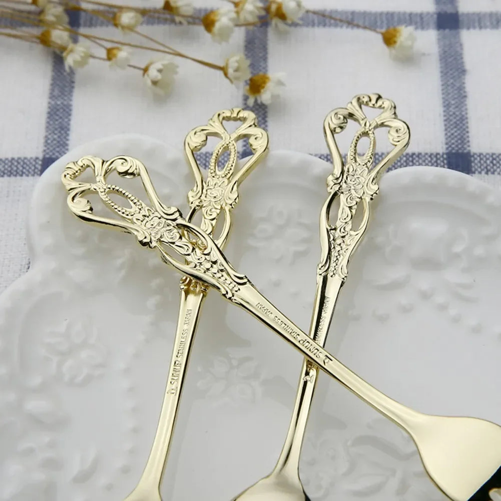 1 Pair Vintage Gold Spoon Fork Cutlery Set Stainless Steel Luxury Dessert Spoon Outdoor Tableware Camping Cooking Supplies