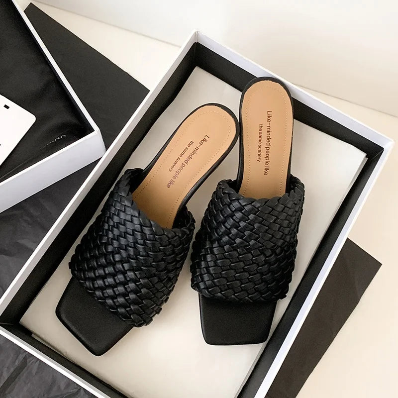 Summer Sandals Women Concise Style Slippers Weave Sandals for Girls Sexy Kitten Heel Elegant Dress Party Wedding  Sandalias