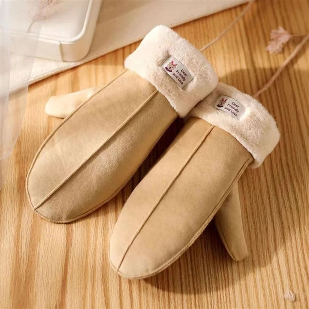 Women's Suede Plush Hanging Neck Gloves Winter Warm Windproof Gloves Outdoor Skiing Cold-Proof Student Mittens Christmas Gift