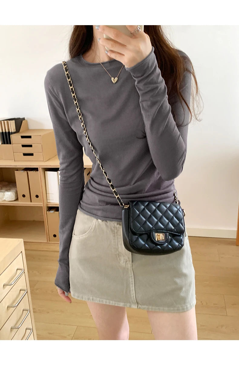 2025 Spring Autumn T shirt Women Tops Solid Slim Fit Long Sleeve O Neck Tshirts Female Casual Streetwear High Quality Base Tees