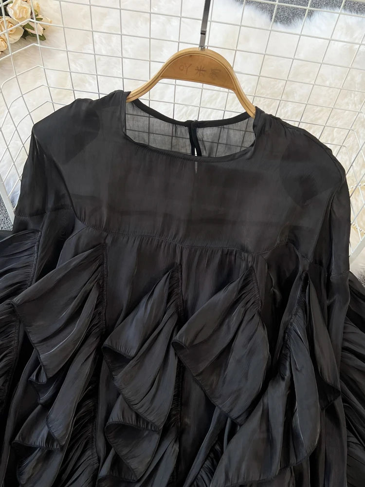 Women Spring Autumn Blouse New European American Vintage Round Neck Ruffle Loose Long Sleeved Foreign Style Irregular Top D2338