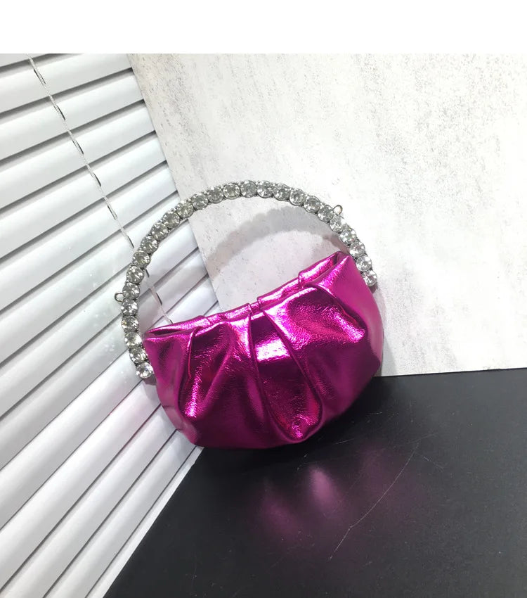 Lady Blue/Pink Diamond Circular Evening Bag Women Fushia Round Handle Rhinestone Dinner Clutch Purse Ladies Half Moon Handbags