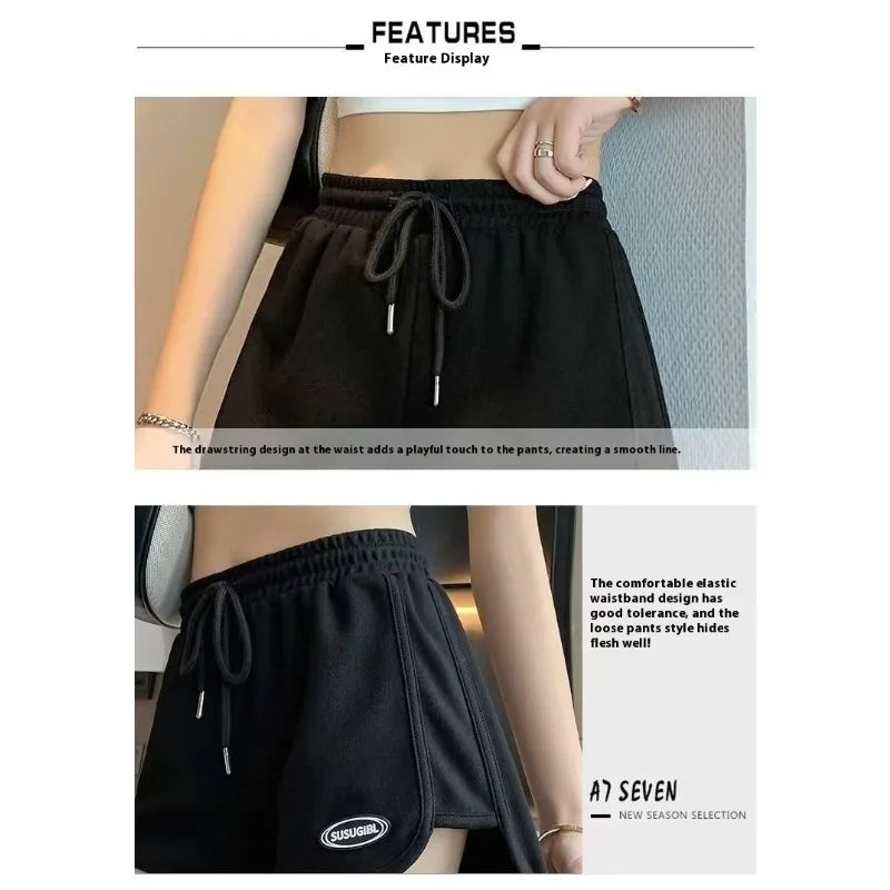 Women Casual Drawstring Sports Shorts Summer Thin High Waist Yoga A-line Shorts Loose Women Running Straight Trousers