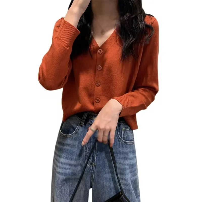 Women's Long Sleeve Cropped Cardigan V Neck Button Down Knit Lady Autumn Spring Knitted Single-breasted Cardigan Sweaters