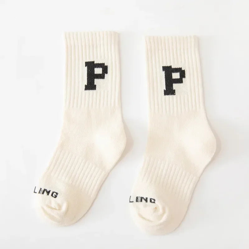 Korean Fashion Letter Socks Children Knit Cotton Middle Tube Socks Boys Girls School Casual Sports Socks 1-8years Old