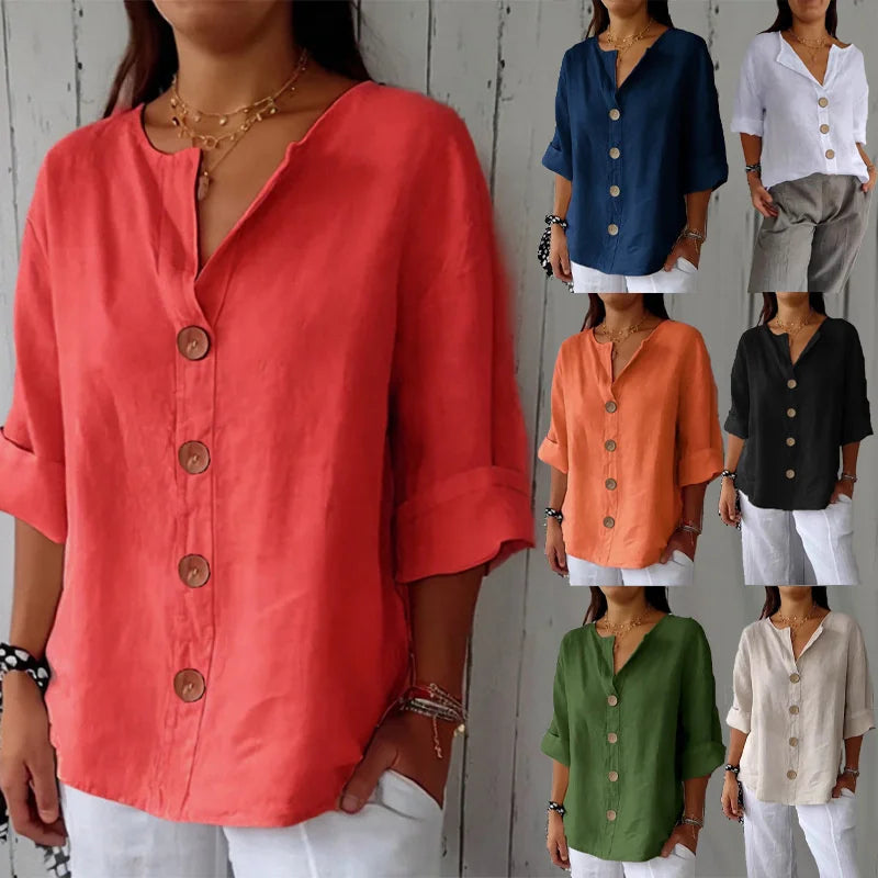 Summer Loose Shirt Women's V-Neck Cotton Linen Button Top Casual Shirts Solid Fashion Elegant Office Womens Clothing 2025 Blouse