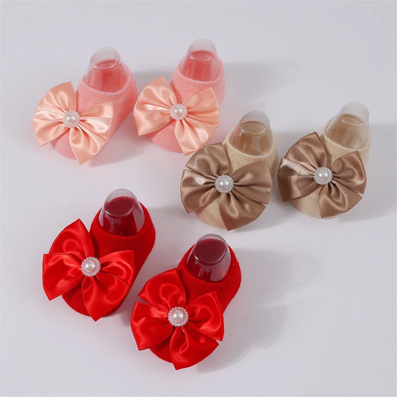 Baby Pearl Bow Solid Color Floor Socks Newborn Infant Knitted Breathable Socks Sweet Cute Girls Princess Children Birthday Gifts