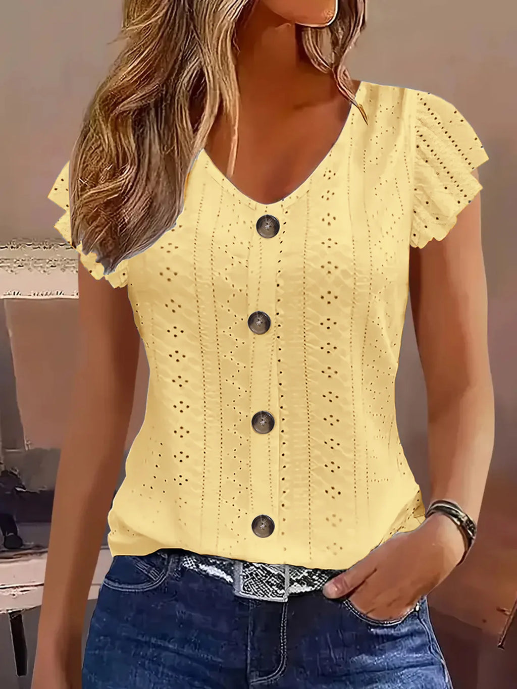 2025 Women's Sexy Tops Casual Solid Color V Neck Short Sleeve Shirts Summer Women's Button Casual Ladies Loose Fashion Blouses
