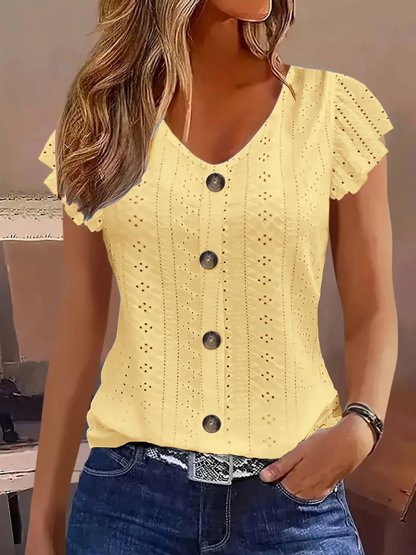 2025 Women's Sexy Tops Casual Solid Color V Neck Short Sleeve Shirts Summer Women's Button Casual Ladies Loose Fashion Blouses