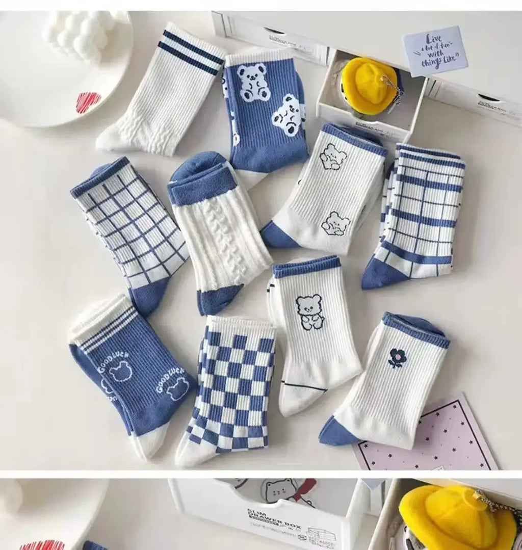 Women's Socks Warm Socks In Autumn and Winter Blue Socks Students High-top Striped Checkered Sports Stockings