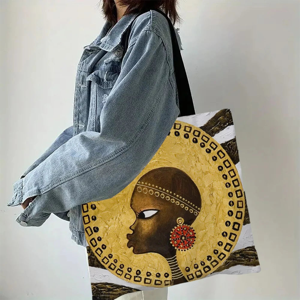 African Woman Tote Bag Reusable Shoulder Shopping Beach Bag For Women, Durable Casual Carryall