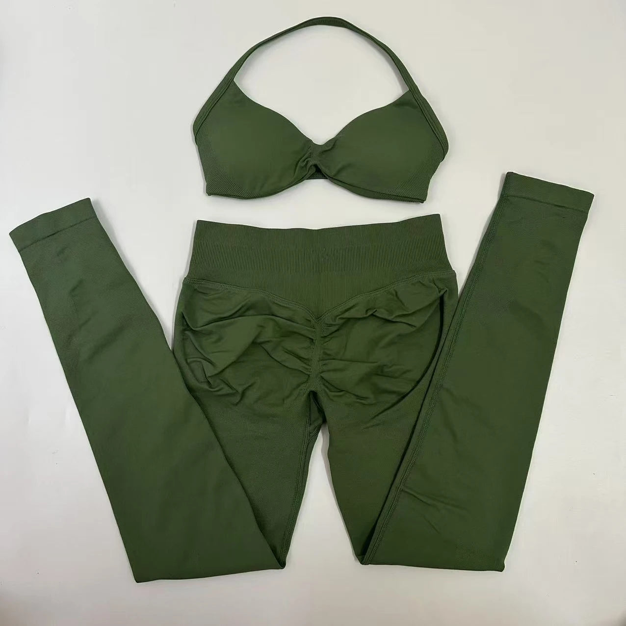 Seamlessyoga Set Women Workout Scrunch Leggings Set Strappy Halter Sports Bra Fitness Gym Clothing Workout Set 2 Pieces