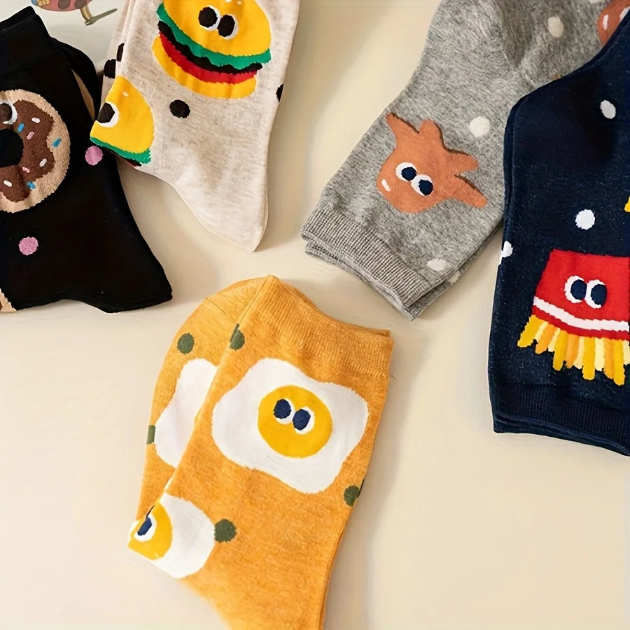 5 Pairs of Mixed Color Kidsren's Socks with Cartoon Cute Hamburger and Fries Patterns for Boys and Girls, Trendyy and Versatile Youth Mid-Calf Socks, Suitable for Casual Daily Life