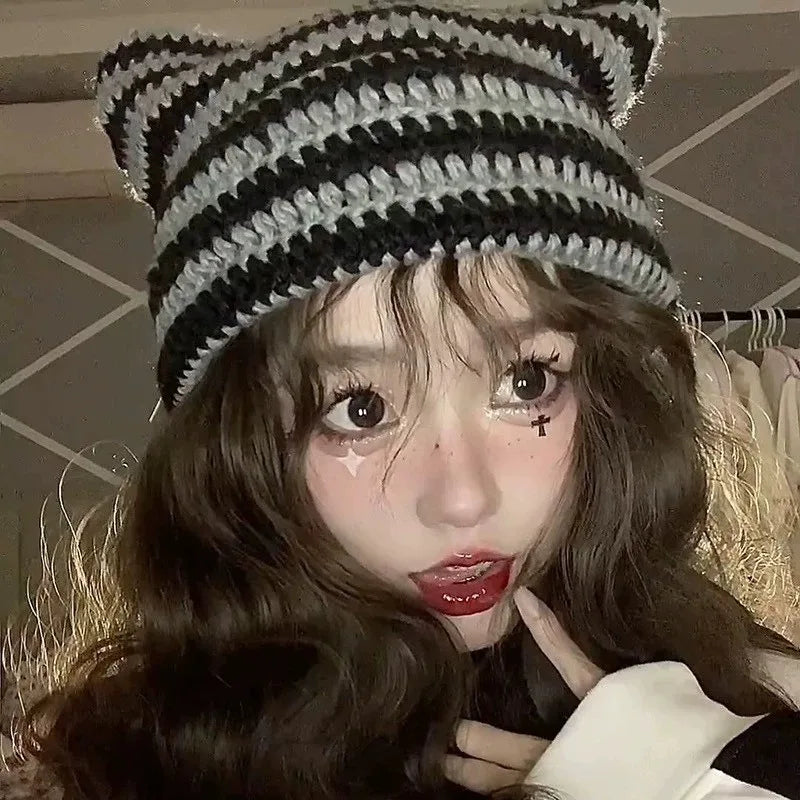 New Japanese Streetwear Harajuku Beanie Little Devil Striped Knitted Hat Women Girls Autumn Winter Cute Cat Ears Cap