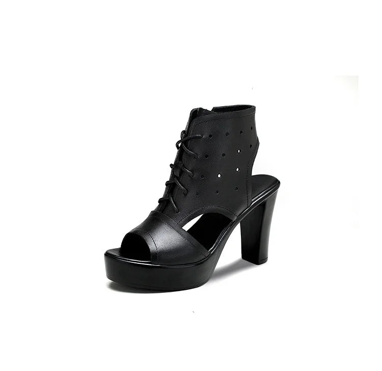 8cm 10cm Small Size 32-43 Fashion Black Block High Heels Gladiator Sandals 2024 Women's Platform Shoes for Office Model Mom