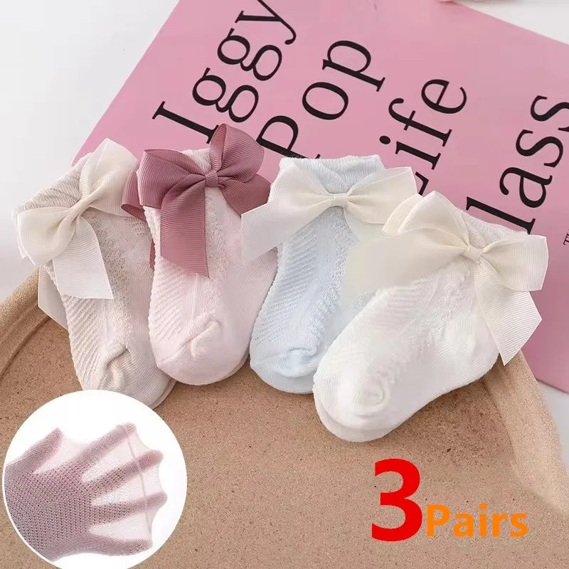 3Pairs/Lot Summer Baby Mesh Socks Bowknot Soft Cotton Newborn Sock Princess Infant Toddler Girls Cute Breathable Socks