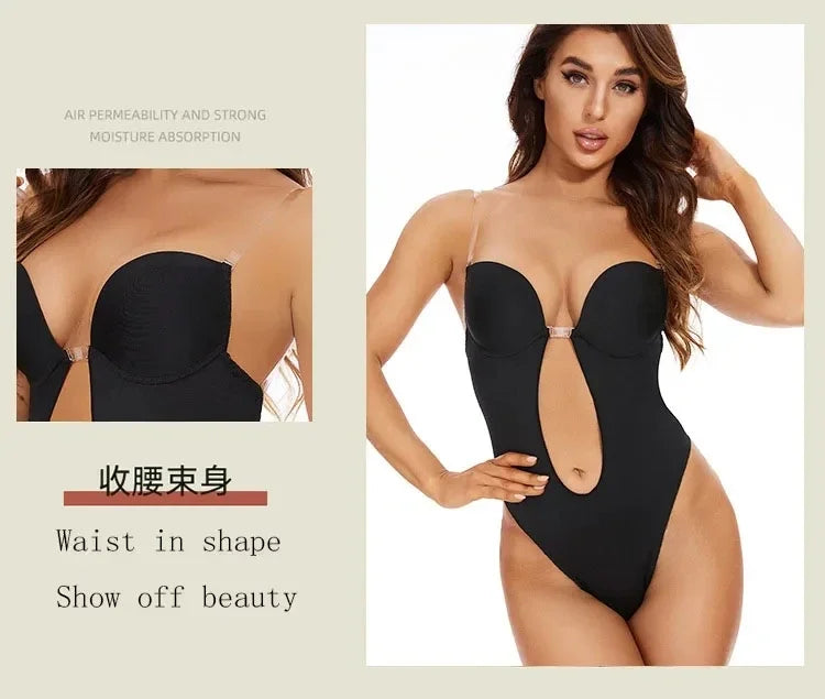 Women Shapers Underwear Backless Bodysuit Shapewear M L XL Deep V-Neck Body U Plunge Clear Strap Padded Push Up Corset