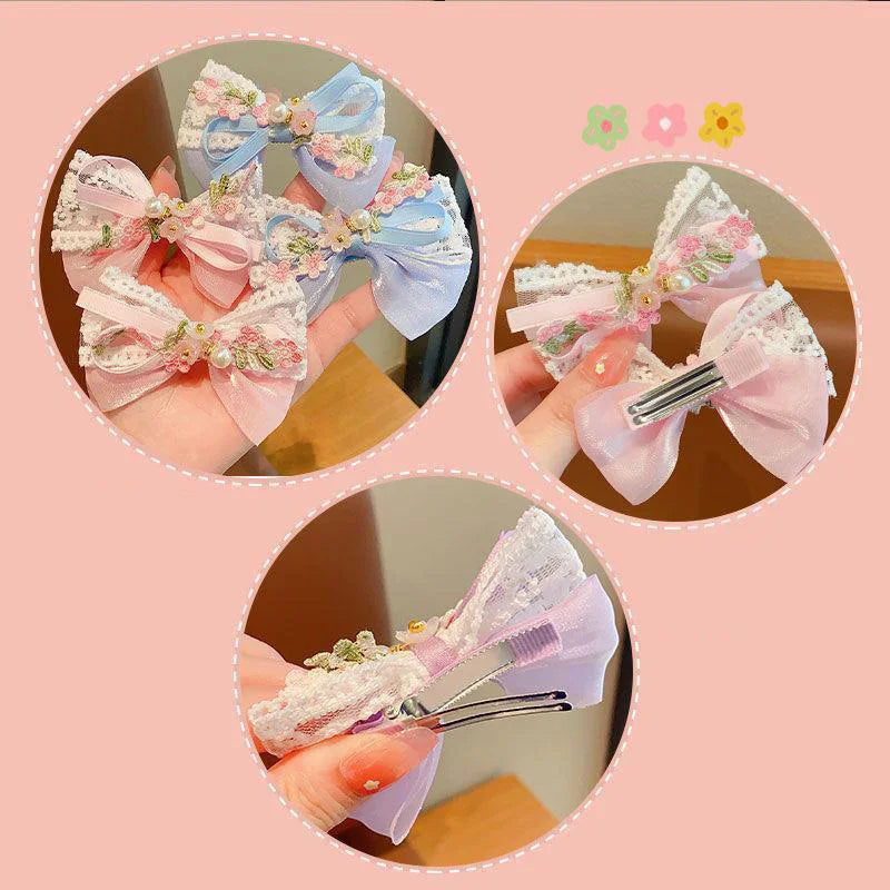 2PCS/Set Cute Flower Embroidery Bow Hair Clips for Baby Girl Sweet Bowknot Duck Tongue Clips Kids Barrettes Fairy Headdress