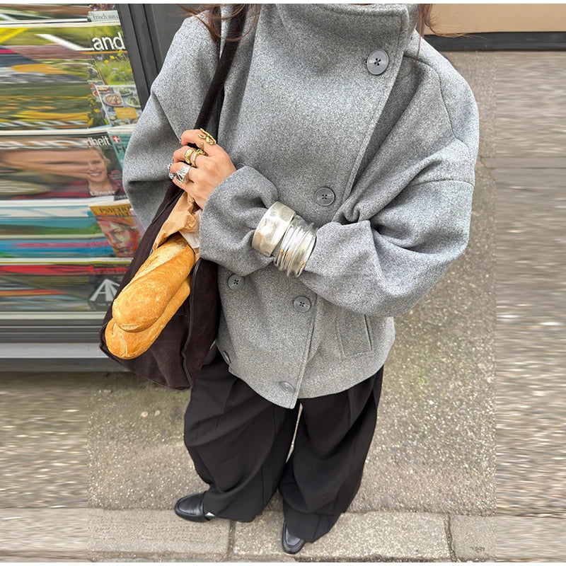 Elegant Women's Short Woolen Coats Stand Collar Double Breasted Long Sleeve Female Jacket 2025 Autumn Winter Lady Warm Outwear