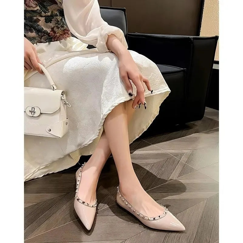 Rivet pointed toe low-heeled shoes spring and summer new retro sexy patent leather sandals fashionable shallow women's shoes