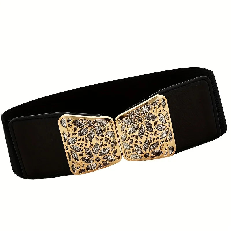 Vintage Buckle Wide Elastic Belt Black Waistband Solid Color Decorative Belts Dress Girdle For Women