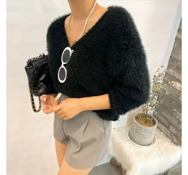 Women's Soft Cozy V-Ne Sweater Autumn Winter Faion Sweet Loose Fit Knitted Top Pink Color Trendy Ladies Sle Long Sve