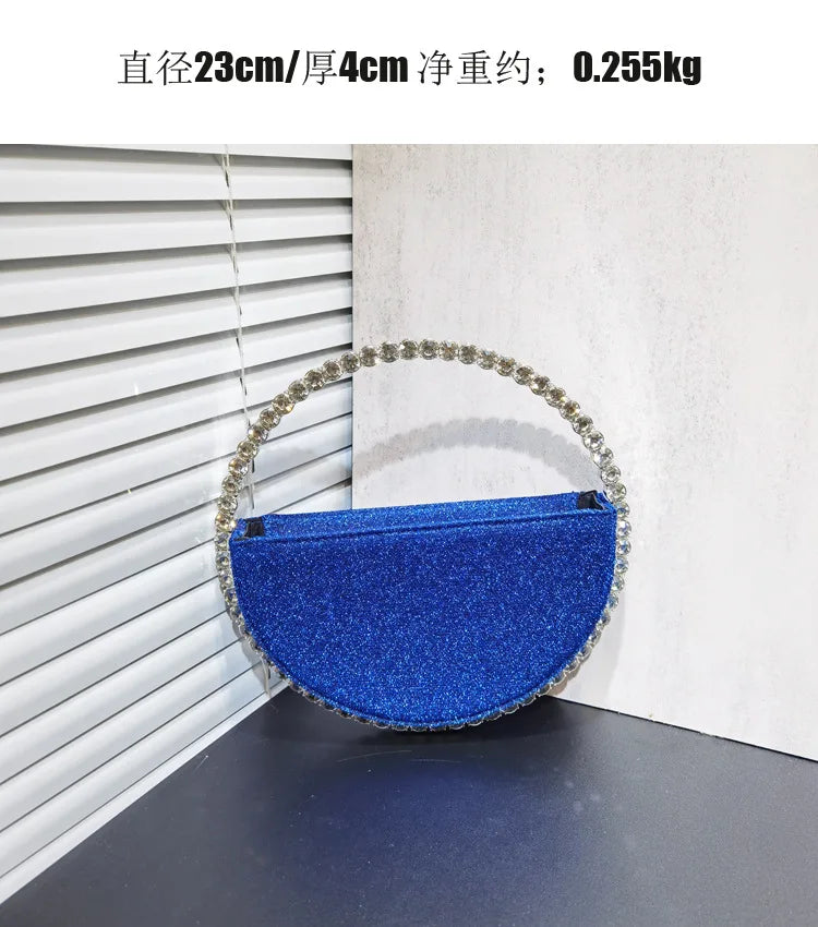 Lady Blue/Pink Diamond Circular Evening Bag Women Fushia Round Handle Rhinestone Dinner Clutch Purse Ladies Half Moon Handbags