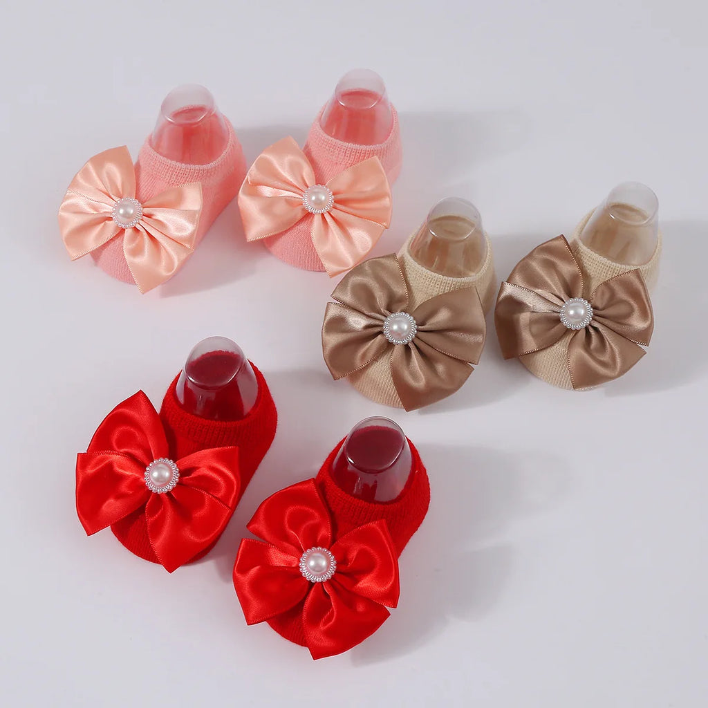 1Set New Baby Pearl Bowknot Headbands Socks Newborn Toddler Soft Prewalker Sock Girl Infant Cute Knitted Cotton Hairband Socks