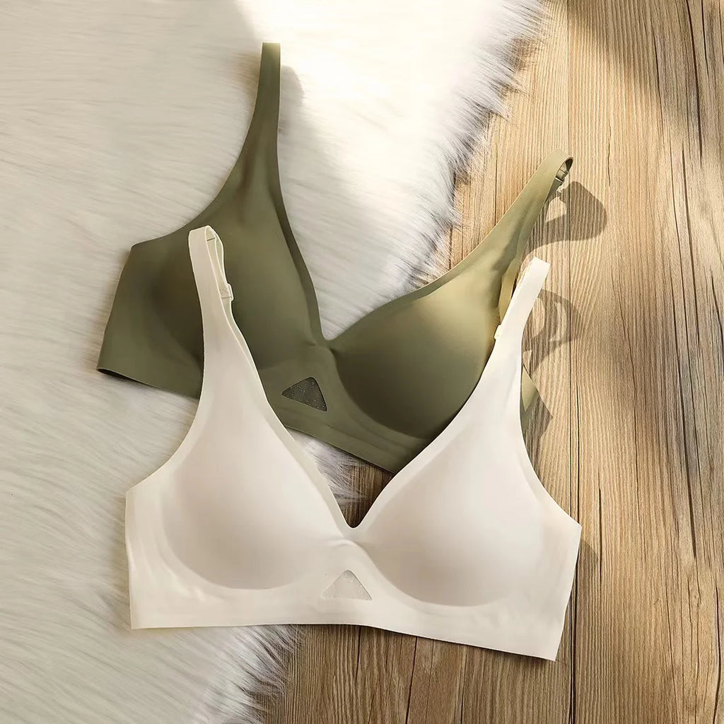 Push Up Bras For Women Non-wire Bra V-neck Glossy Underwear Female Breathable Bralette Invisible Padded Brasiere Sexy Lingerie