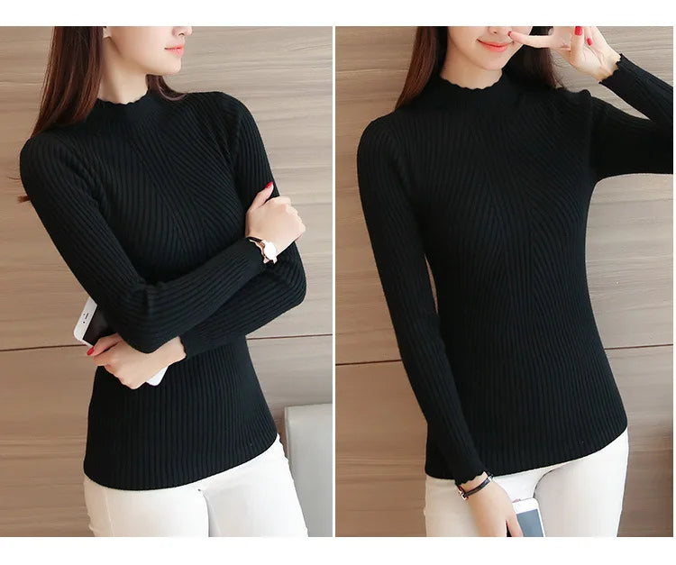 2025 Autumn Women Mock Neck Ruffles Sweater Long Sleeve Knitted Bottoming Solid Pullovers Stripe Women Casual Sweater Winter