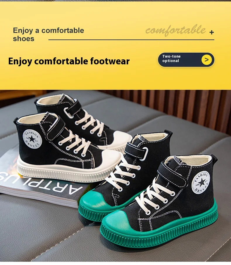 2025 New Children's High-Top Canvas Shoes Boys and Girls Ins Tide Soft Bottom Sneakers with Breathable Casual Board Shoes