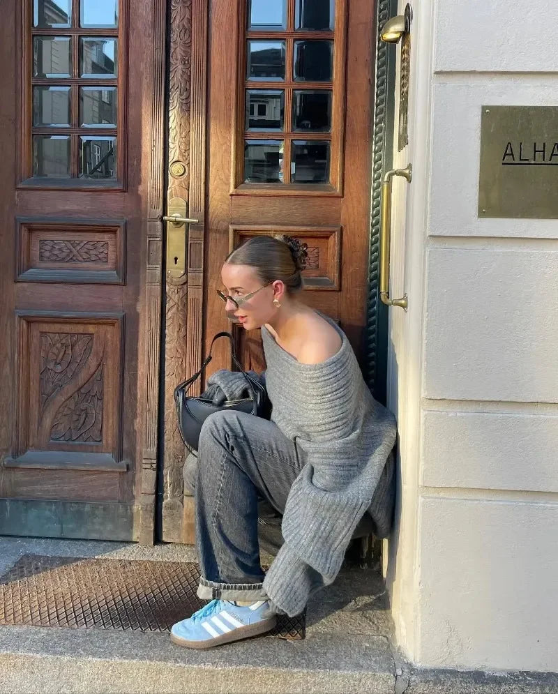 Tuularose Women's Off-Shoulder Sweater Fashion Loose Casual Brown Retro Pullover Spring High Street Office Lady Tops Knitwear