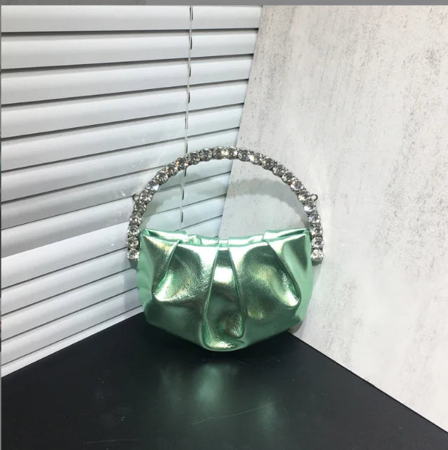 Lady Blue/Pink Diamond Circular Evening Bag Women Fushia Round Handle Rhinestone Dinner Clutch Purse Ladies Half Moon Handbags