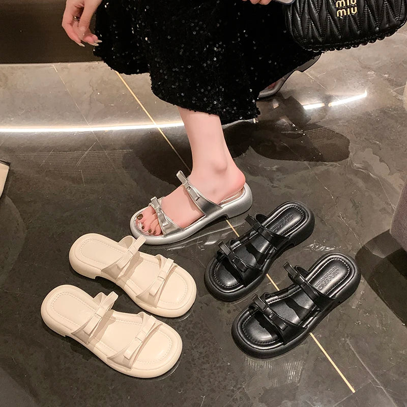 Summer Women Platform Slide Sandals Bow Decor Open Toe Non Slip Soft Sole Casual Shoes for Daily Outdoor Beach Vacation Wear