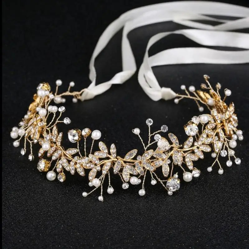 New Crystal Flower Headband Ribbon Bow Hairband for Bride Wedding Hair Accessories Pearl Head Flower Headbands Women Headwear