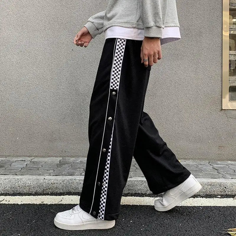 Split Reflective Stripe Casual Pants Unisex Trendy Patchwork Button Pants Spring Summer Straight Loose Sports Pants