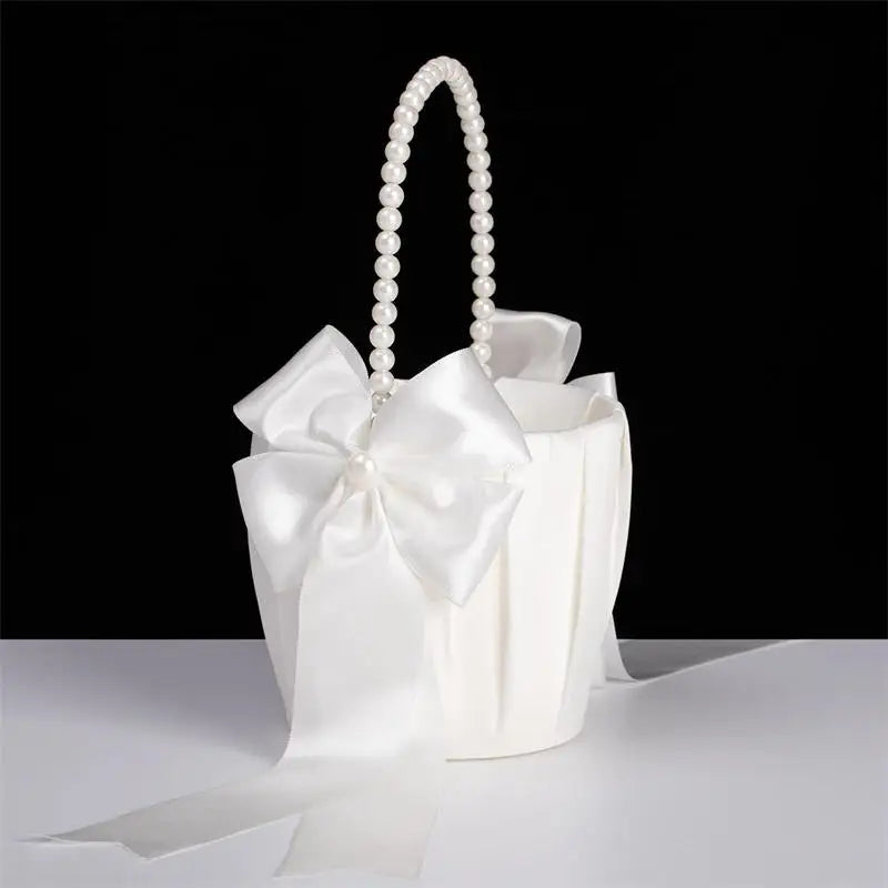 1-2pcs Pearl Handle Flower Basket Satin White Western Rustic Bowknot Wedding Basket Foldable Flower Basket For Floral Petals