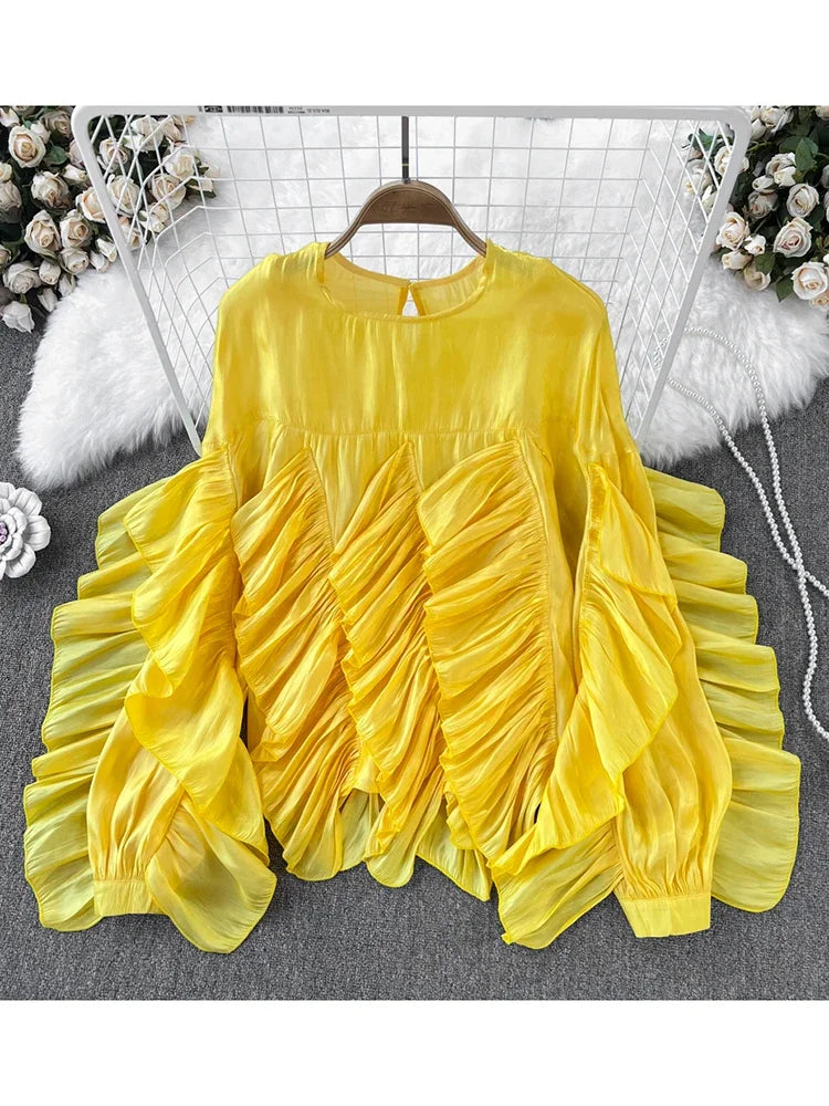Women Spring Autumn Blouse New European American Vintage Round Neck Ruffle Loose Long Sleeved Foreign Style Irregular Top D2338