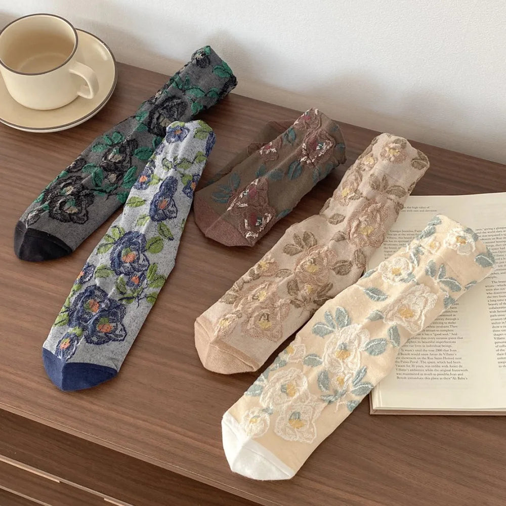 5 Pair Cute Print Socks For Women Long Autumn Winter Fashion Versatile Casual Ethnic Style Vintage Women's Socks Set 2025 New