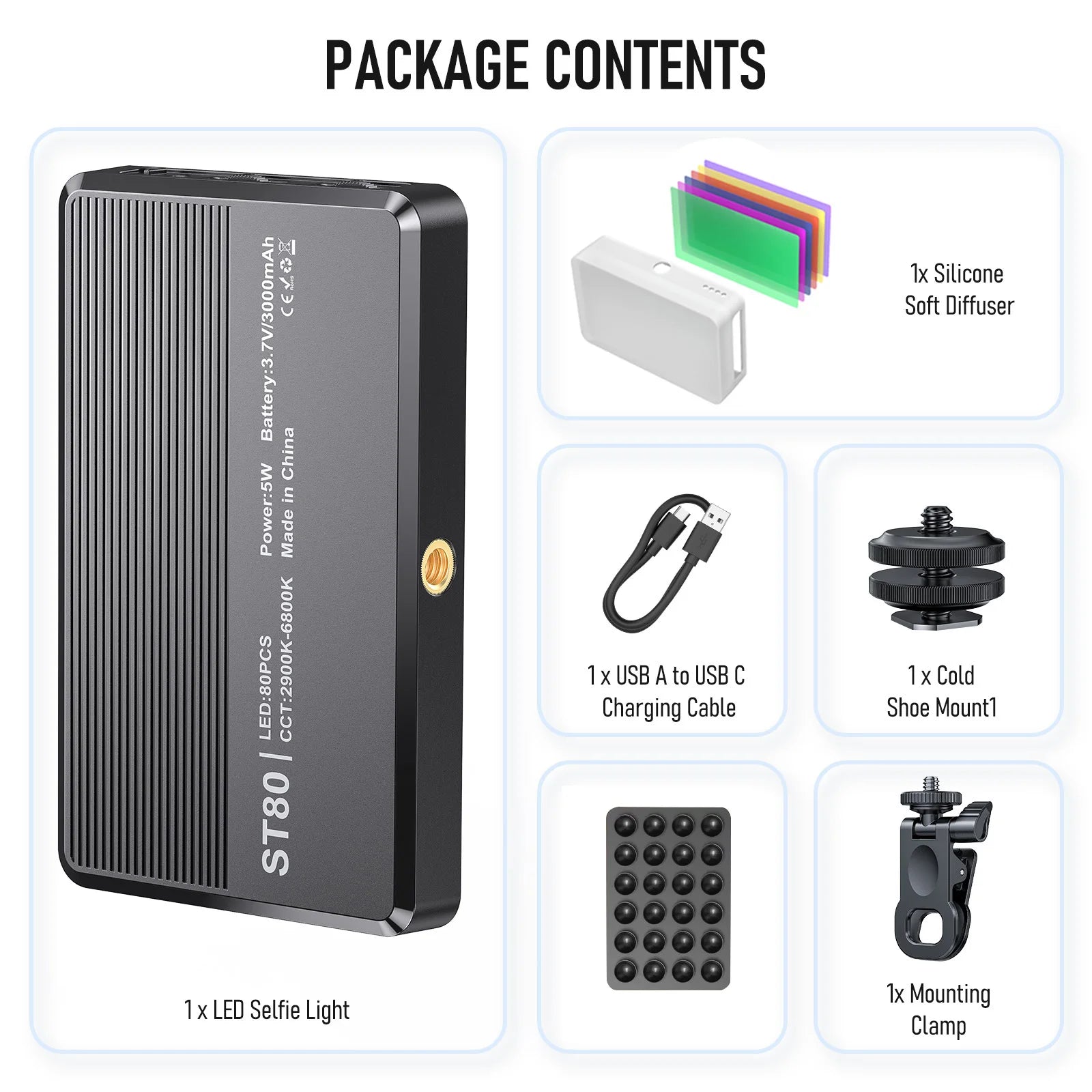Video Light with 6 Color Filters 0-100% Adjustable 3000mAh Battery Fill Light for Selfie Photography Live Streaming