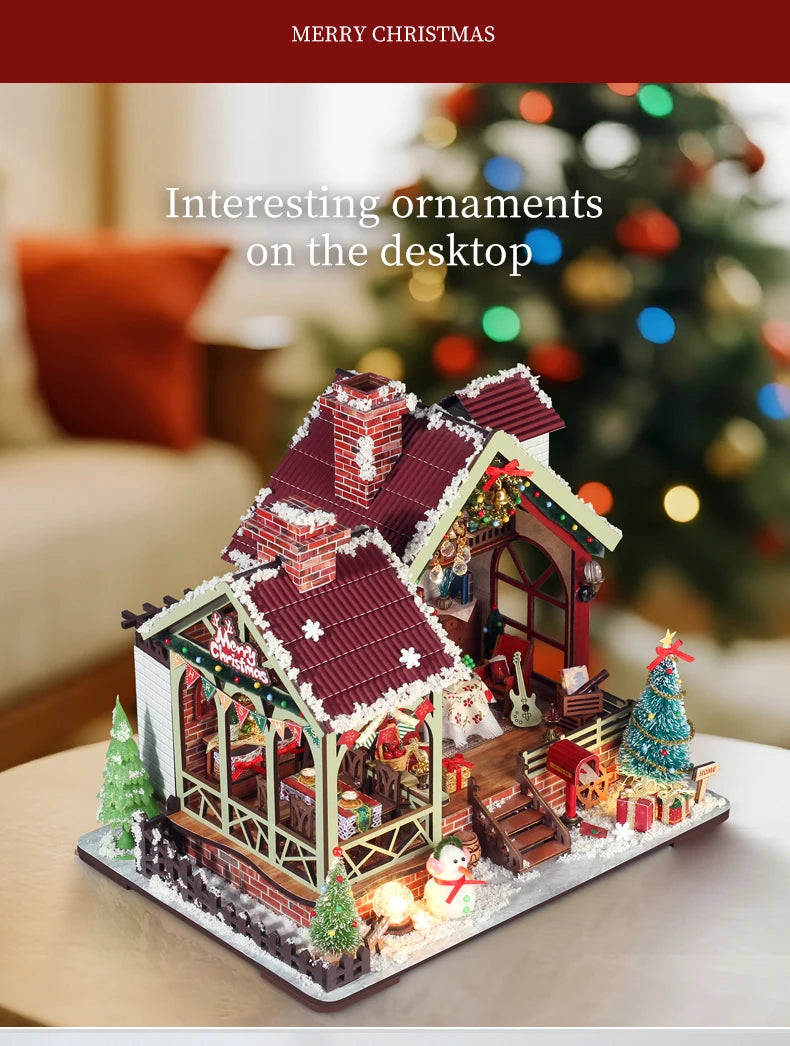 Christmas Night Warm House - Miniature Dollhouse DIY Kit with Music Box, Desktop Decor, Creative Gift (English Color Box)