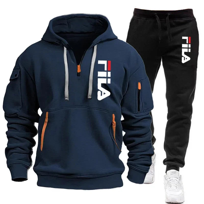 Autumn and Winter 2025 new men's hooded sweatshirt + pants two-piece set, outdoor multi-pocket men's pullover sportswear set