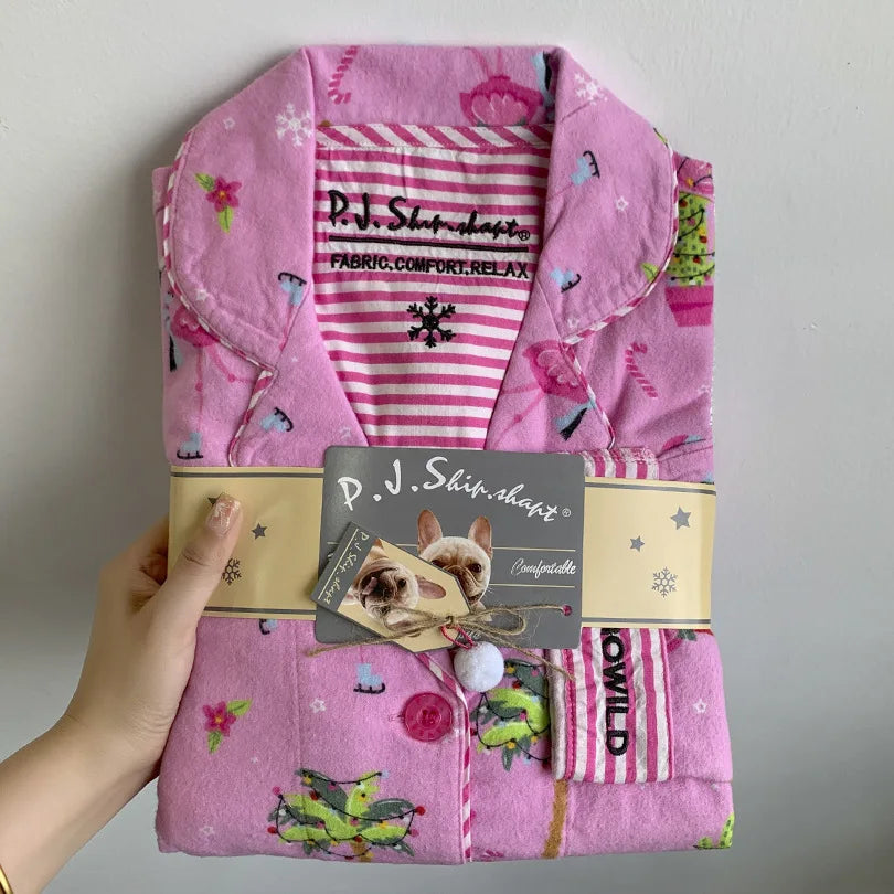 Autumn Winter Women PJS Cotton Ground Wool Sleepwear Warm Thick Cartoon Long Sleeve Pants Pajamas Ladies Homewear Month Clothes