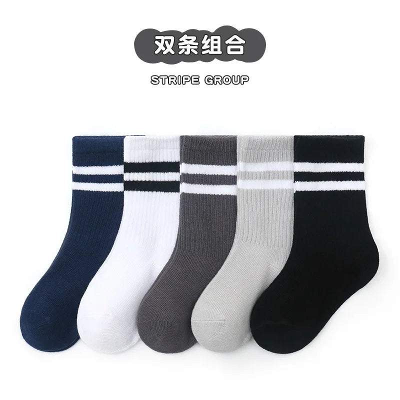 5 Pairs/Lot Autumn Winter High Elastic Simple Children Socks Korean Cotton Stripes Solid Color Alphabet Boys Girls Socks 1-12 Y