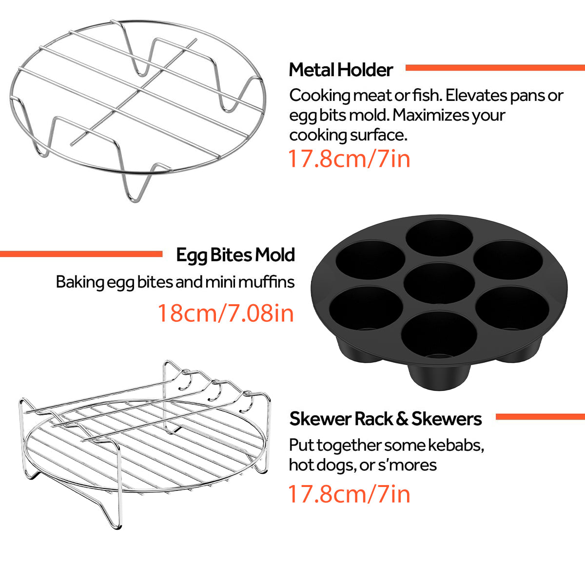 10Pc Air Fryer Accessories Set Food-grade Air Fryer Accessories with Cake Basket Pizza Pan Stainless Steel Skewer Rack Oil Brush