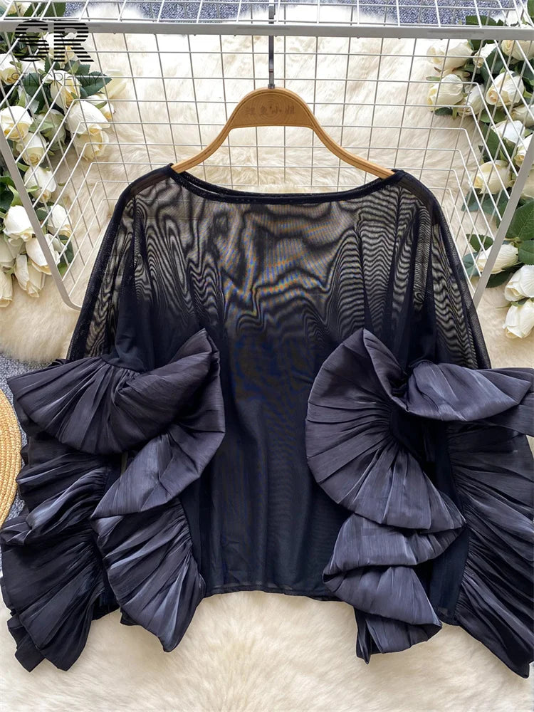 SINGREINY Autumn Ruffles Party Blouses Female O Neck Long Sleeves Temperament Mesh Shirts Women Senior Sheer Loose Thin Tops