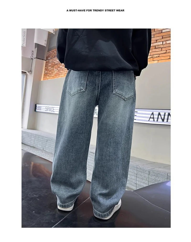 Boys Jeans Pants Spring Kids Wide Leg Straight Trousers Autumn Loose-Fit Casual Trousers Children's Trendy Sweatpants Pant 5-14Y