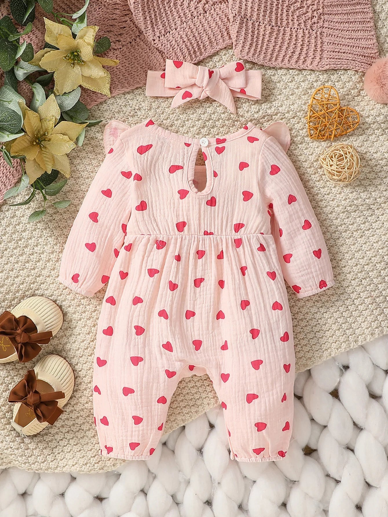 Baby Girl's All Seasons Long Sleeve Print Floral With Bow Daily Jumpsuit For Newborn-6M Clothes +Headband