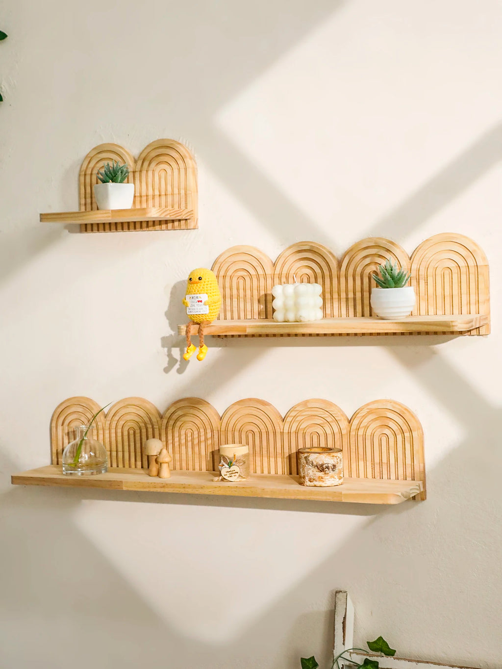 1Pc Boho Style Wooden Wall Shelves - Geometric Wall Mounted Shelves, Natural Wood Finish, Modern Home Decor, Plant Decorative
